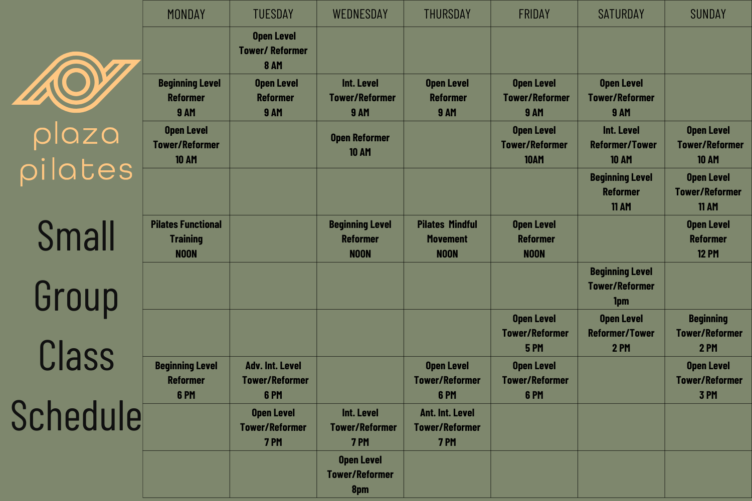 Plaza Pilates NYC Group Class Schedule April 2024